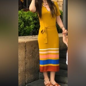 Eva Mendes Yellow and White Tie Front Sheath Dress